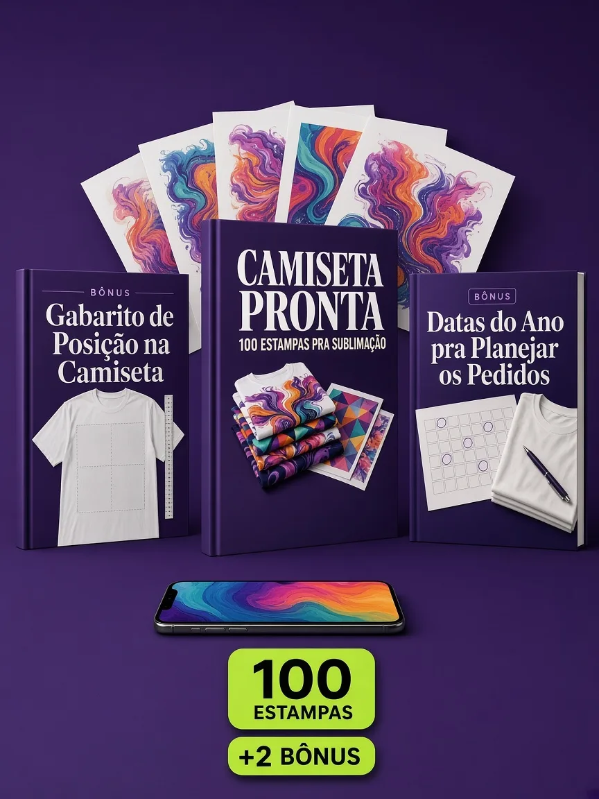 Montagem ilustrativa do Camiseta Pronta: livro com a capa, páginas do material e celular