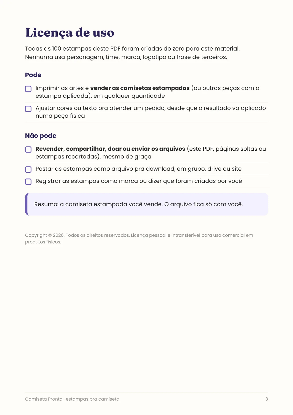 Página real do PDF Camiseta Pronta: licença de uso